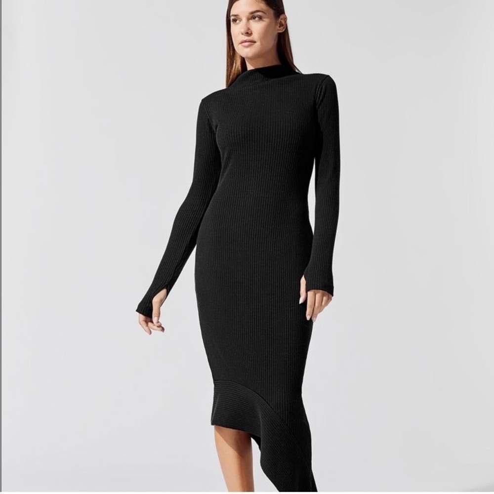 Carbon38 / black high neck Ribbed midi Asymmetrical Dress m